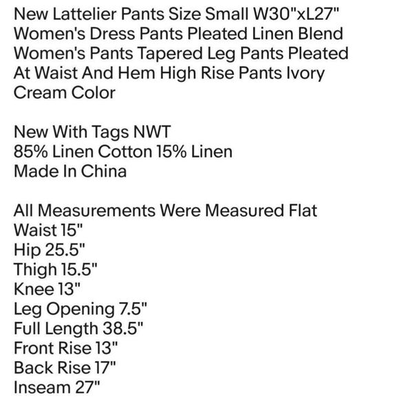 New Lattelier Pants Size Small W30"xL27" Women's Dress Pants Pleated Linen Blend - Picture 2 of 6